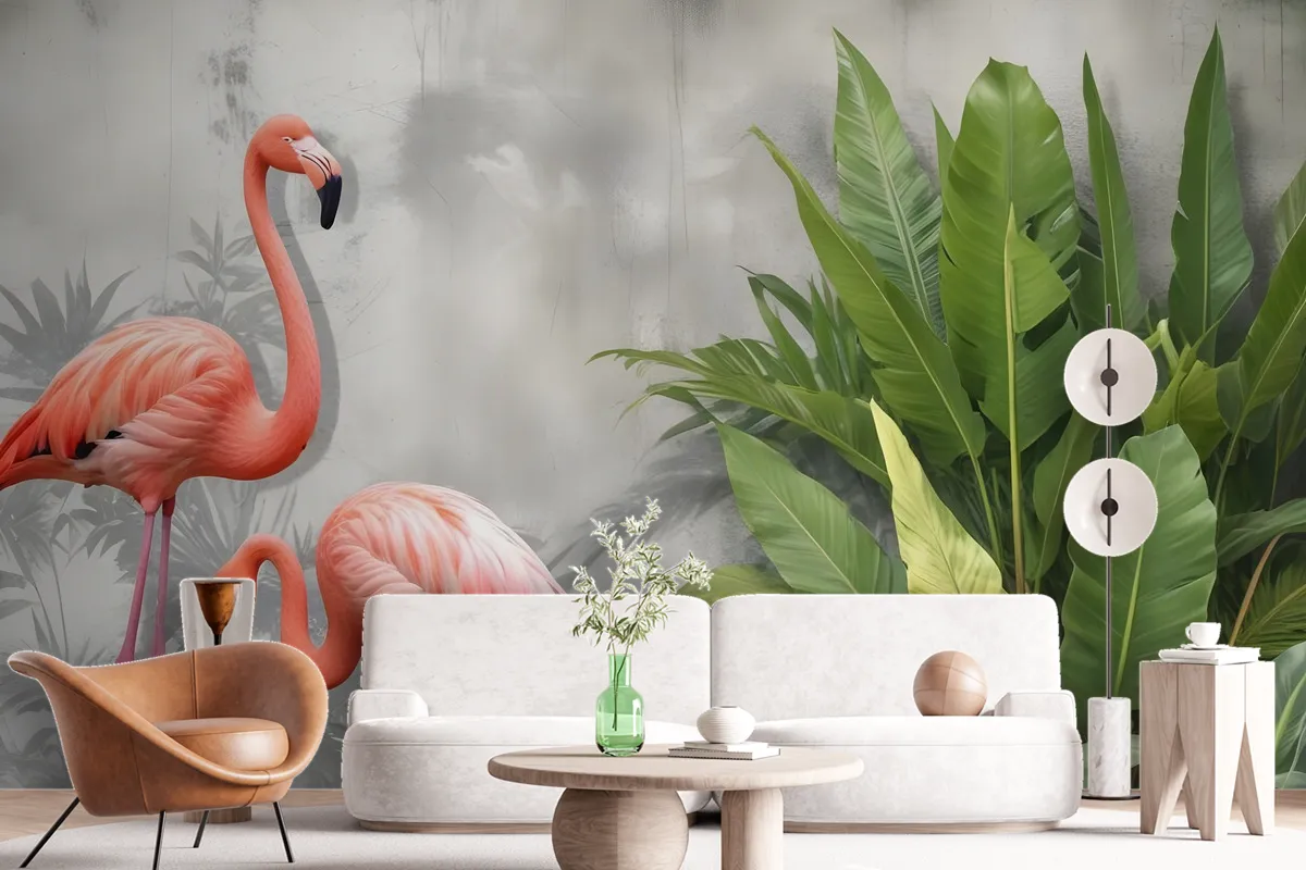 3D Look Pink Flamingo With Tropical Leaves Wallpaper Mural