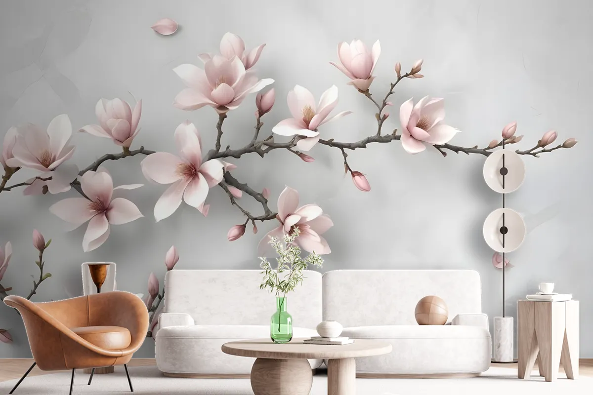 3D Look Pink Magnolia Blossom Wallpaper Mural