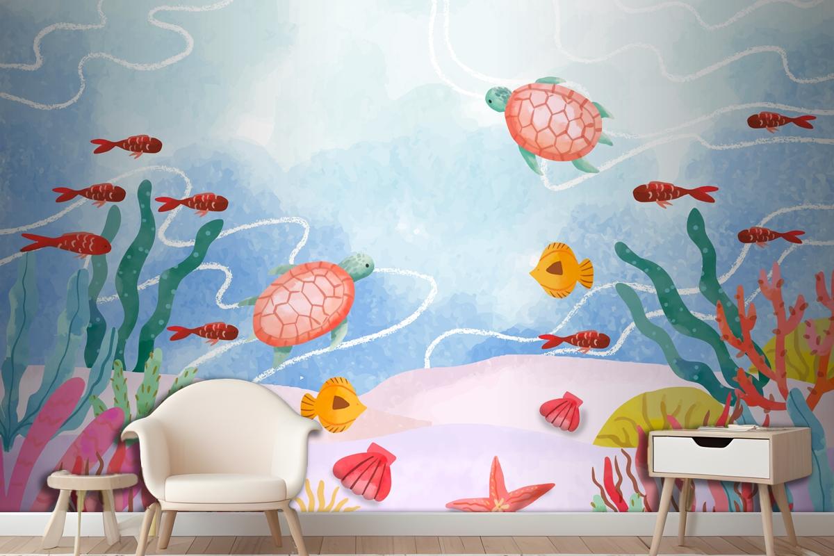 Watercolor Background For World Oceans Day Celebration Wallpaper Mural