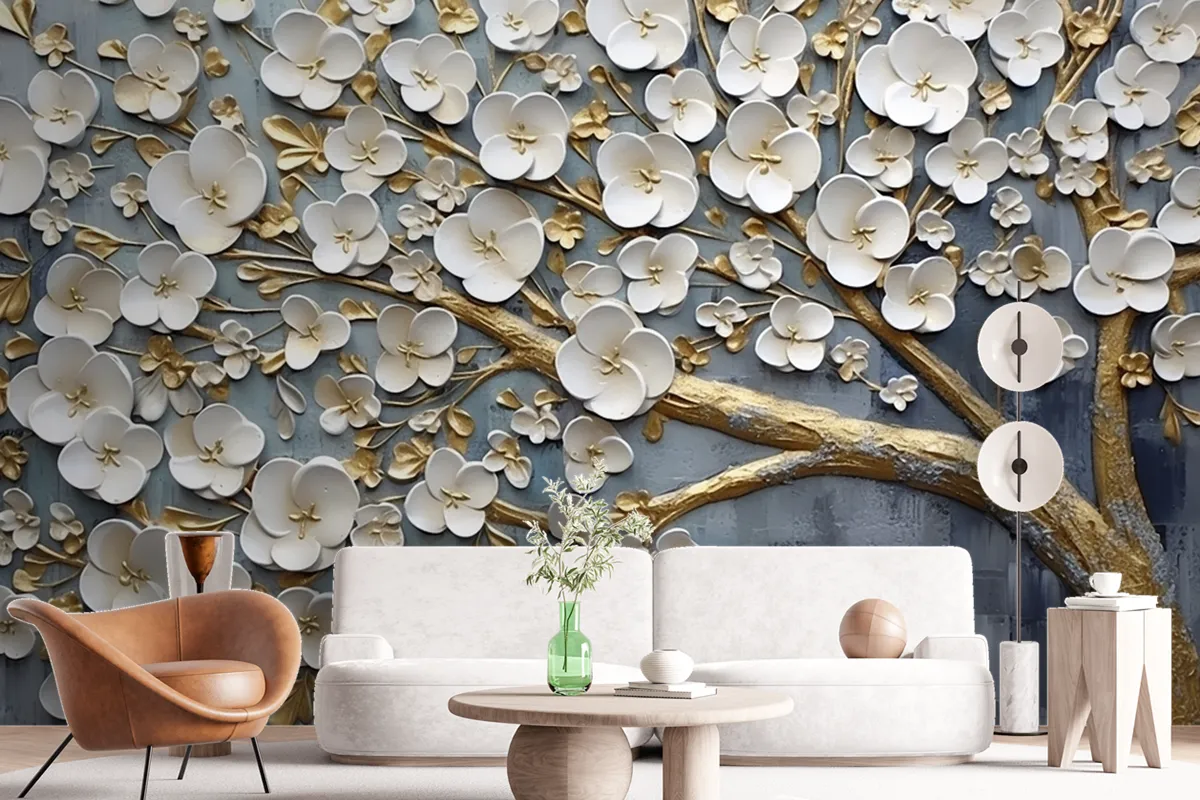 Abstract Artistic Background Flowers Branches Gold And Canvas Painting Wallpaper Mural