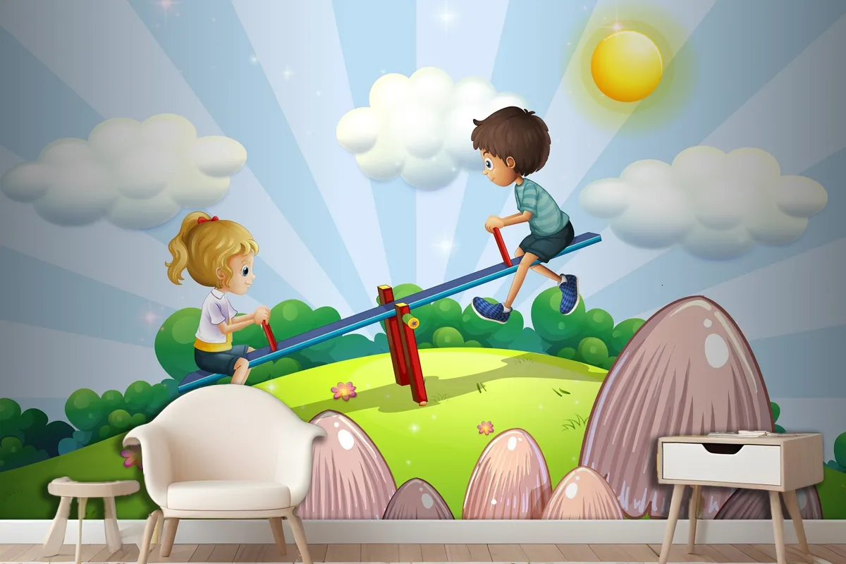 A Boy And A Girl Riding A Seesaw Wallpaper Mural