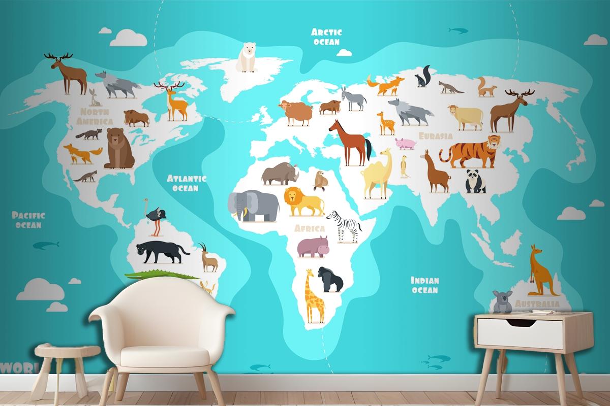 World Map With Animals Earth Discovery Funny Kids Geography Wallpaper Mural