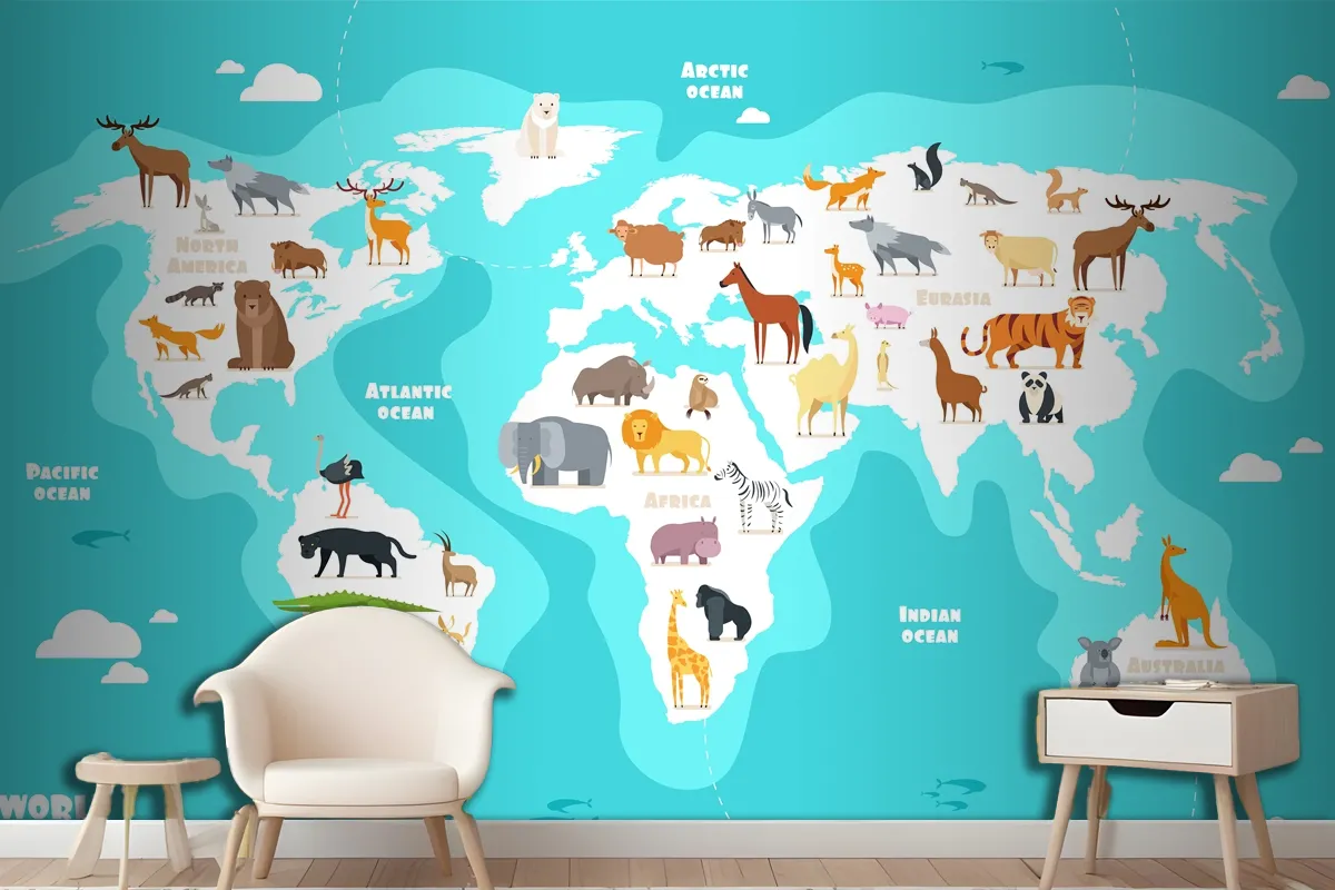 World Map With Animals Earth Discovery Funny Kids Geography Wallpaper Mural