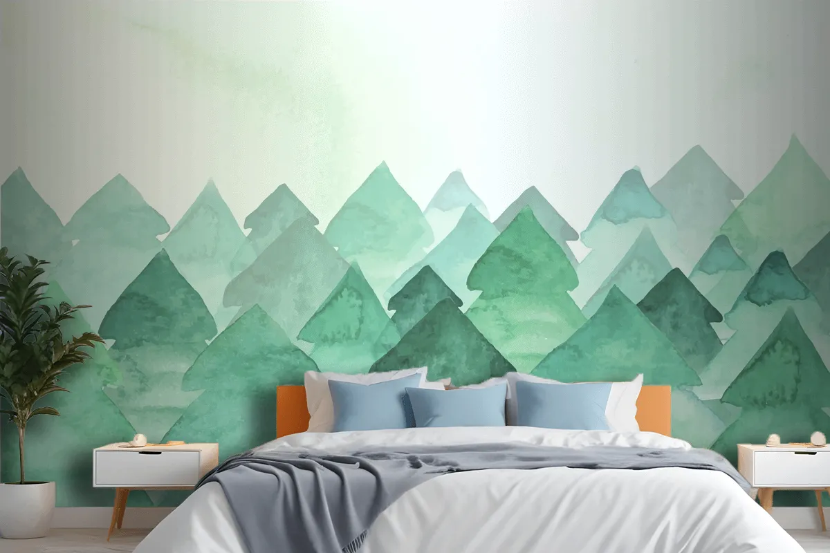 Watercolor Painting With Fir Trees Wallpaper Mural