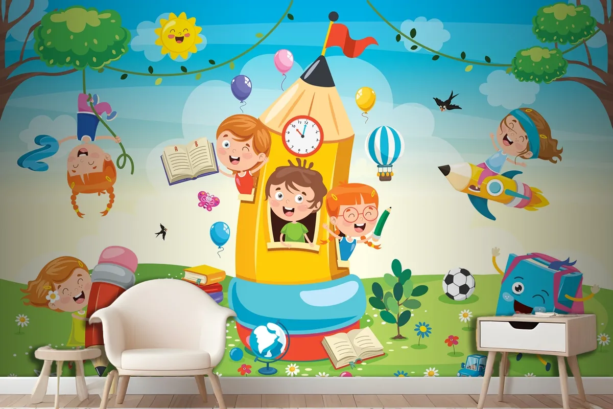 Cute Children Playing At Pencil House Wallpaper Mural