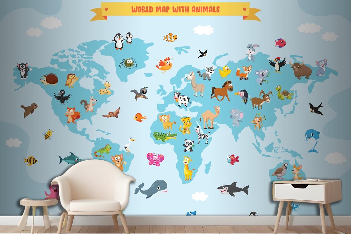 World Map With Cartoon Animals Wallpaper Mural