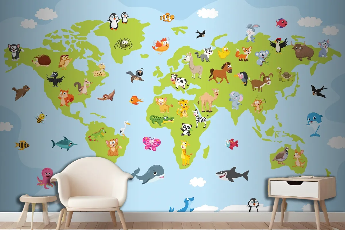 World Map With Cartoon Animals Wallpaper Mural