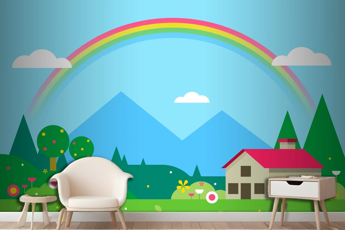 Spring Landscape With House And Rainbow Wallpaper Mural