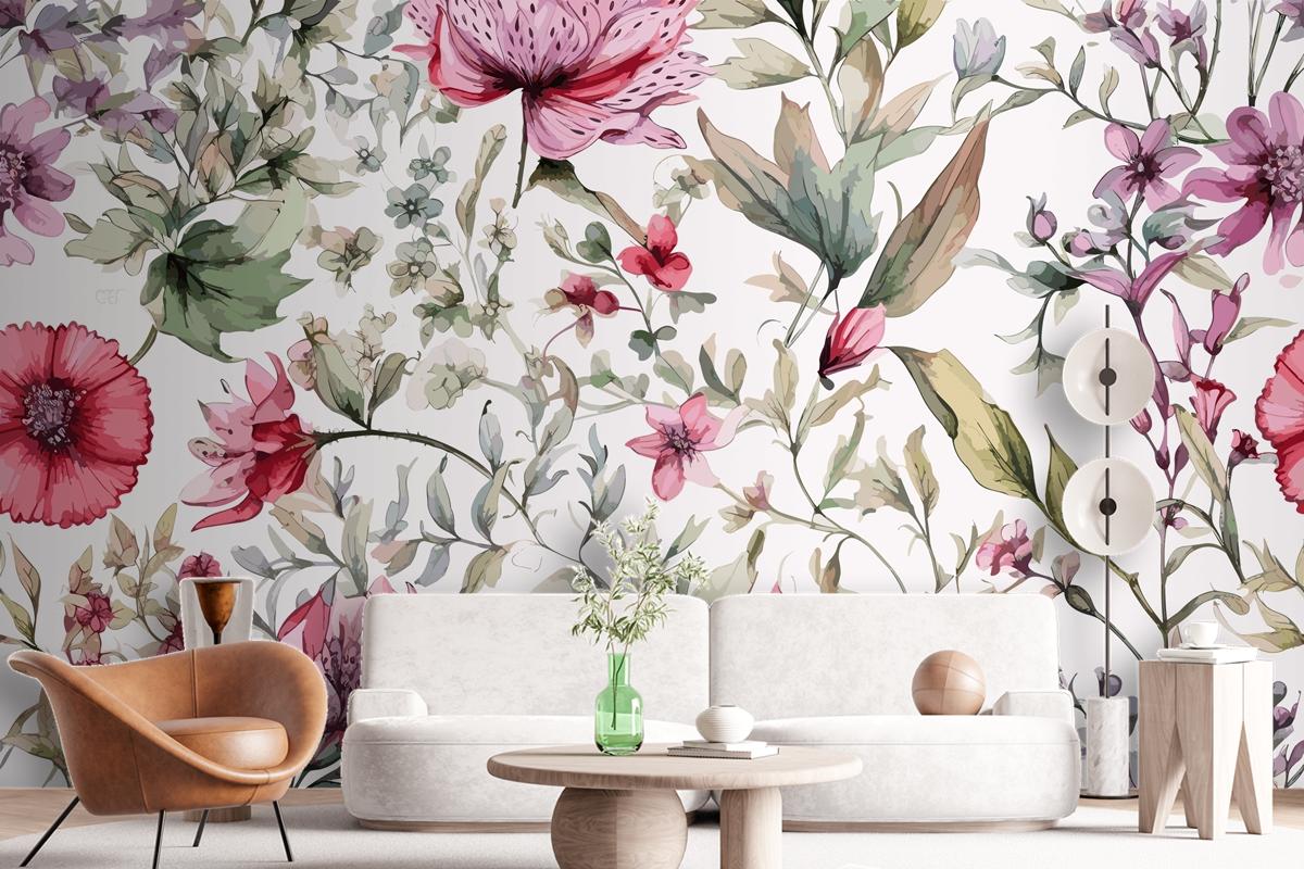 Colourful Floral Background With Leaves Wallpaper Mural