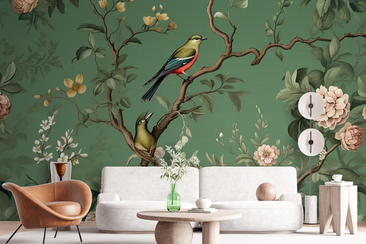 Flowers Branches Birds Golden Brushstrokes Wallpaper Mural