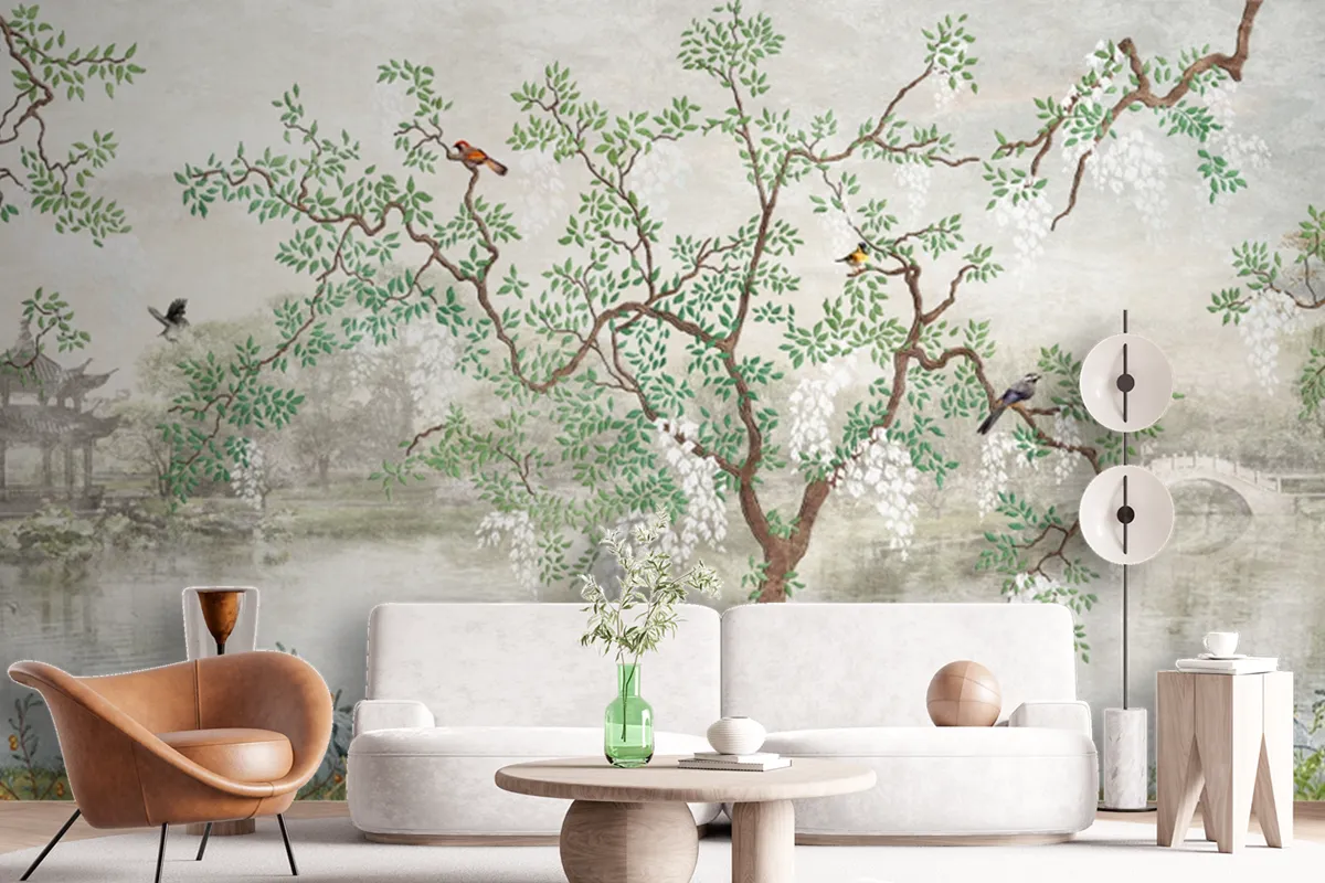 Tree By The Lake Misty Landscape Birds In Japanese Garden Wallpaper Mural