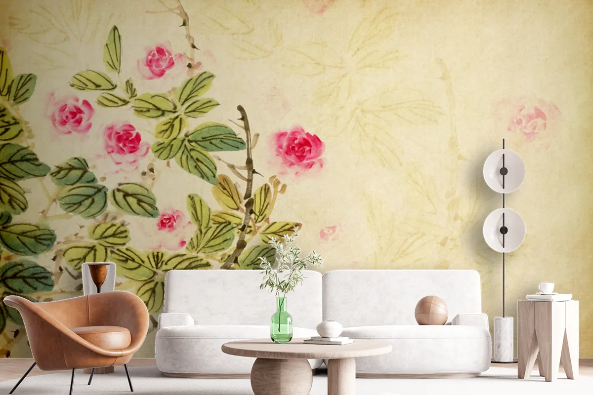 Chinese Traditional Painting Of Rose Flower On Old Paper Wallpaper Mural