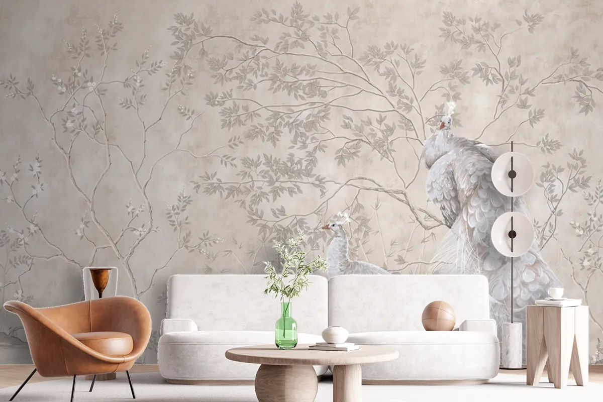 Peacocks And Trees Design For Interior Project Wallpaper Mural