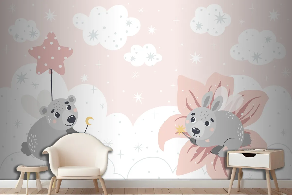 Cute Fairytale Animals On The Clouds Suitable For Printing Wallpaper Mural