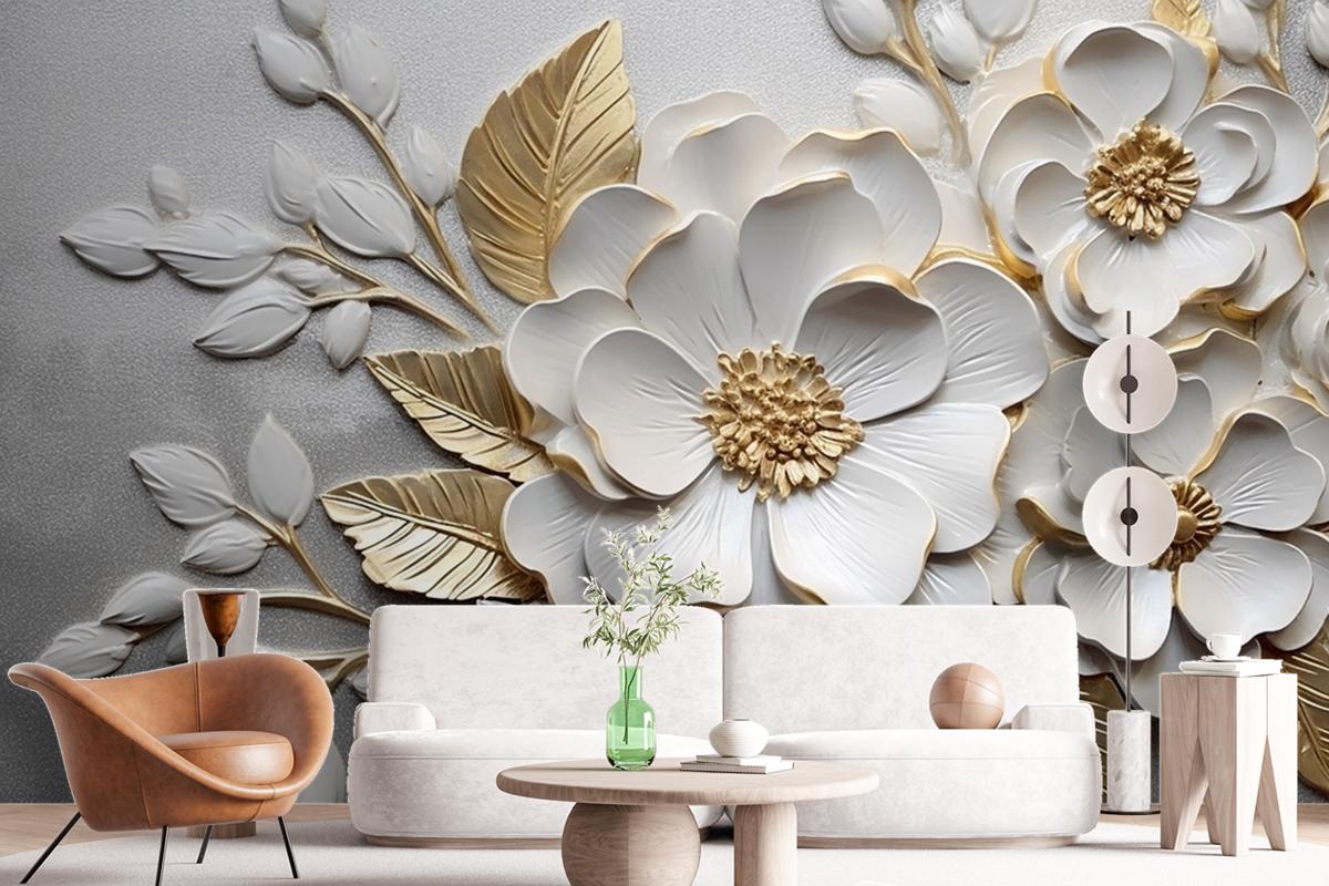 Abstract Artistic Flowers Branches Gold And Canvas Painting Wallpaper Mural