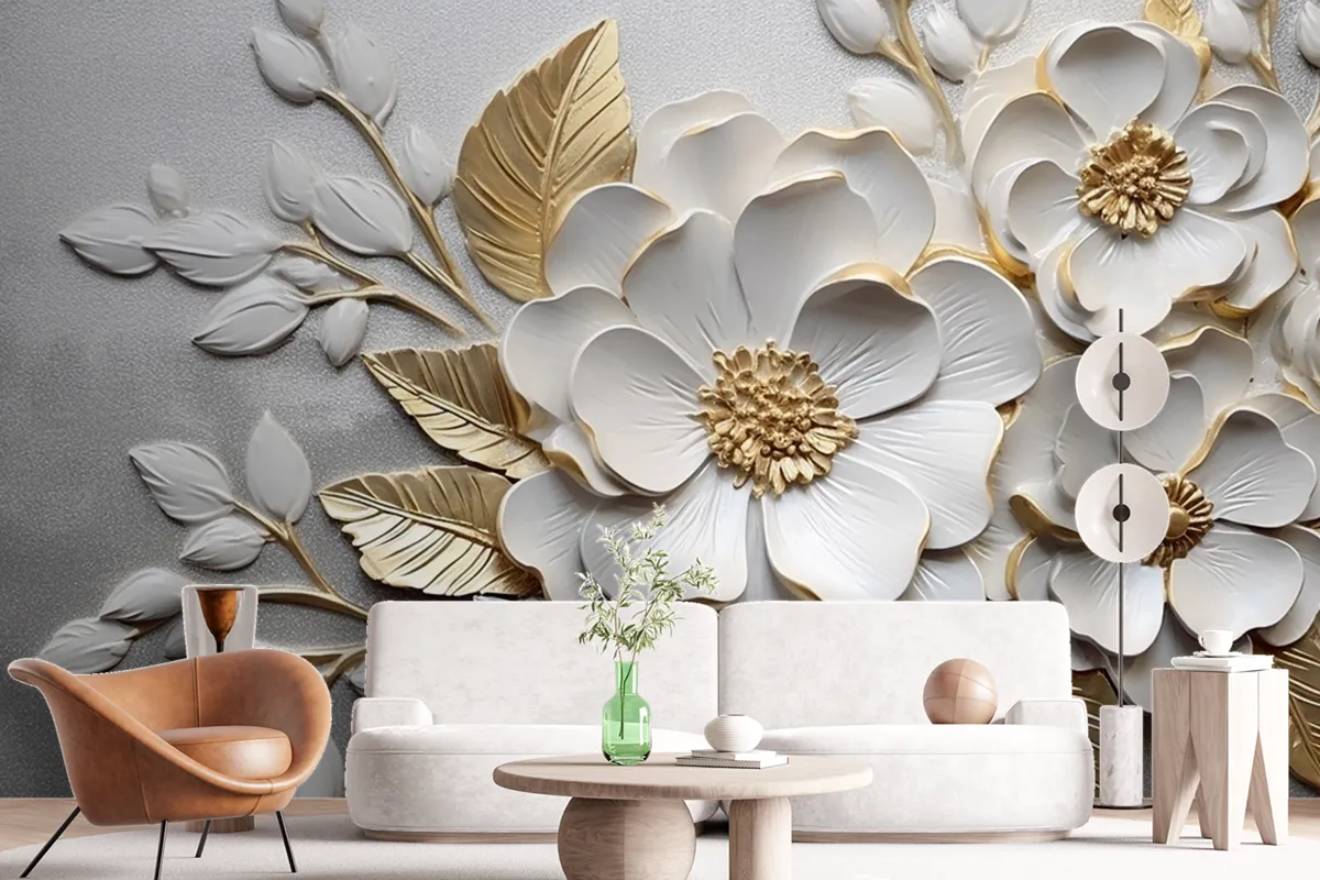 Abstract Artistic Flowers Branches Gold And Canvas Painting Wallpaper Mural