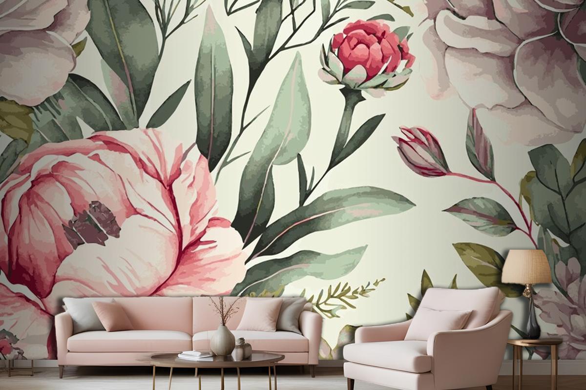 Abstract Floral Art Background Template Botanical Watercolor Hand Drawn Flowers Wallpaper Mural