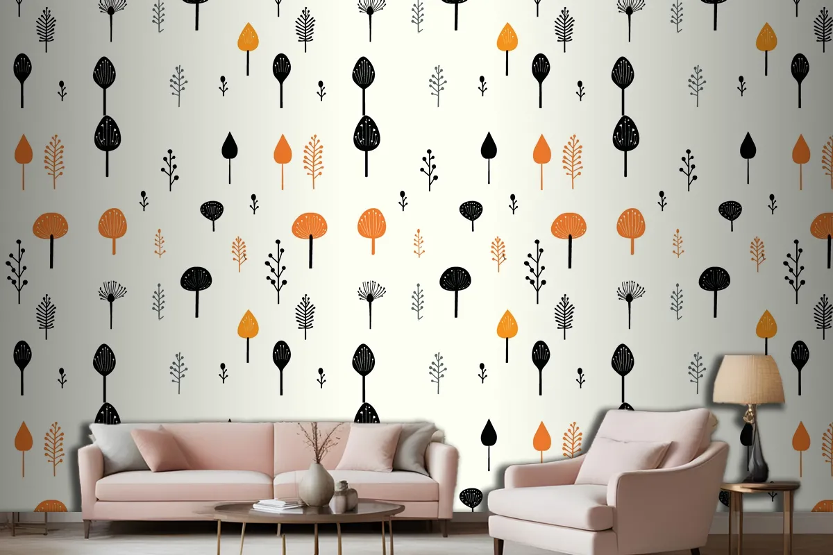 Black Mushroom And Leaf Pattern On A White Living Room Wallpaper Mural