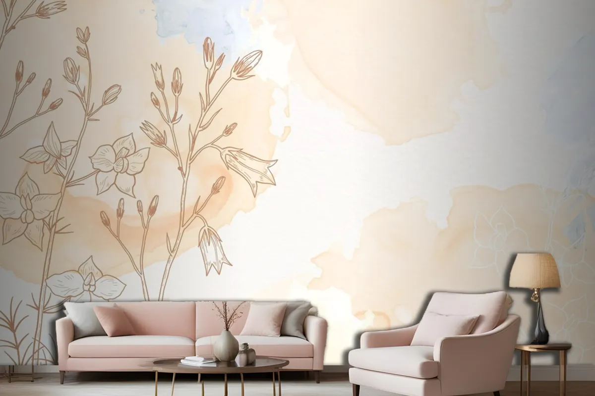 Cream Powder Pastel With Hand Drawn Flowers Living Room Wallpaper Mural