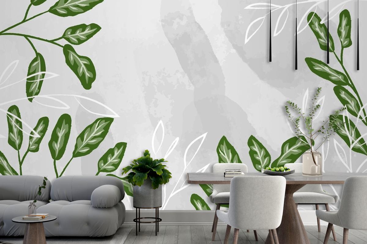 Detailed Leaves With Watercolor Living Room Wallpaper Mural