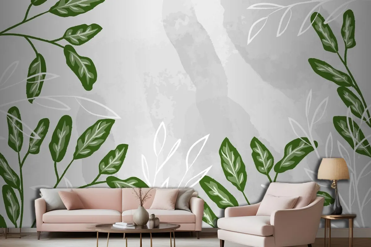 Detailed Leaves With Watercolor Living Room Wallpaper Mural