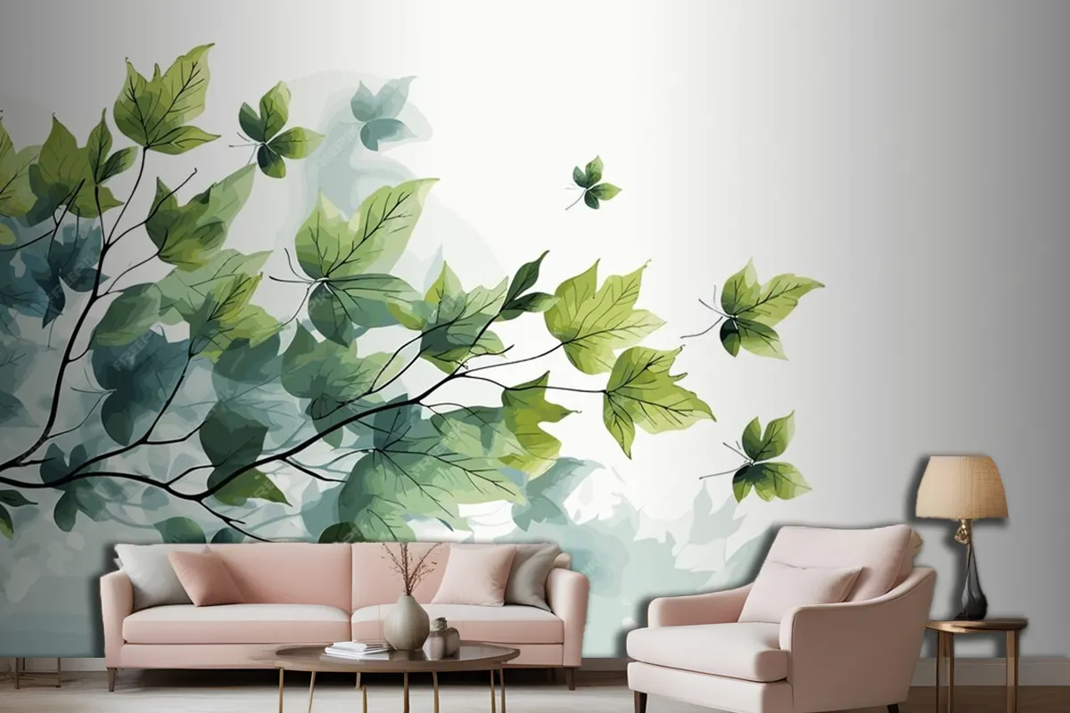 Fresh Baby Spinach Leaves On White Marble Living Room Wallpaper Mural