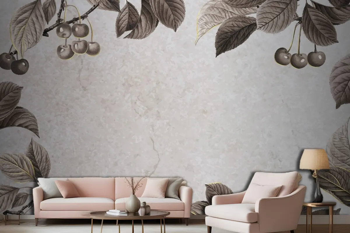 Hand Drawn Cherry Patterned Frame Living Room Wallpaper Mural