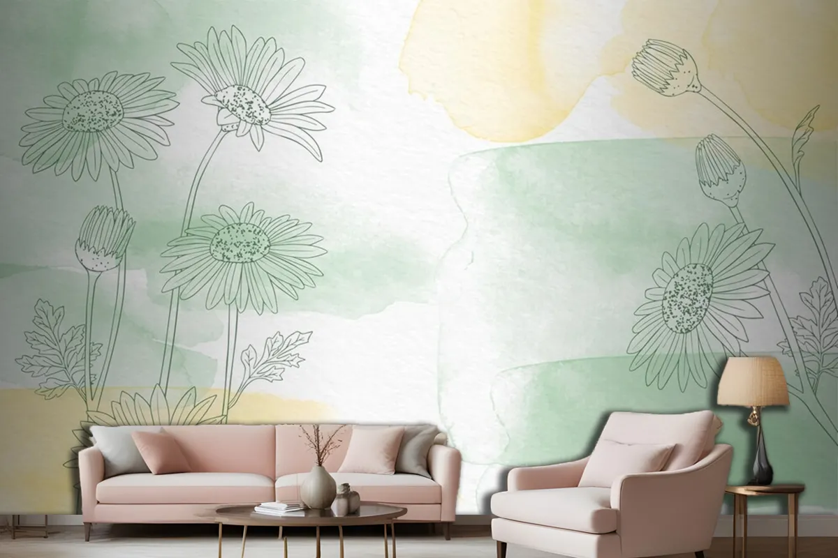 Hand Painted Background With Drawn Flowers Living Room Wallpaper Mural