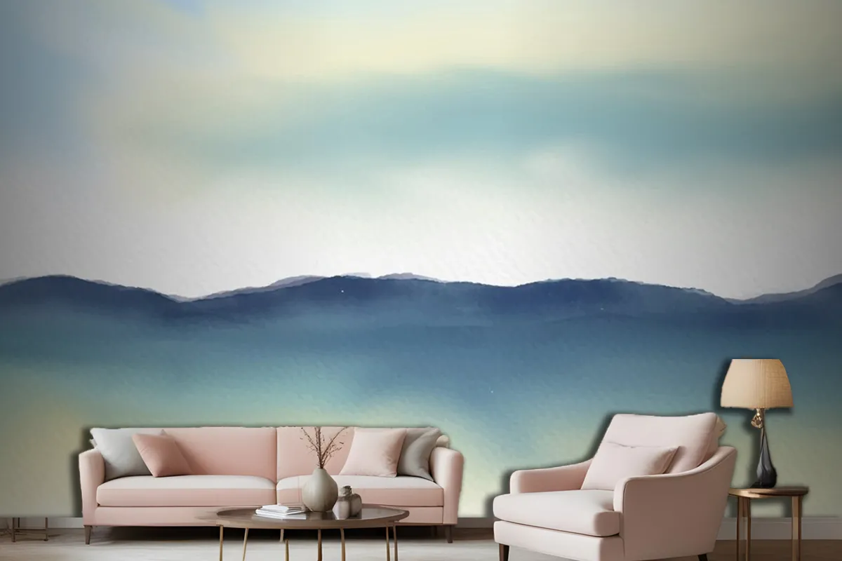 Hand Painted Minimal Watercolour Landscape Living Room Wallpaper Mural