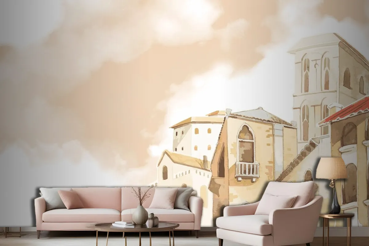 Mediterranean City Building Exterior Water Color Style Living Room Wallpaper Mural