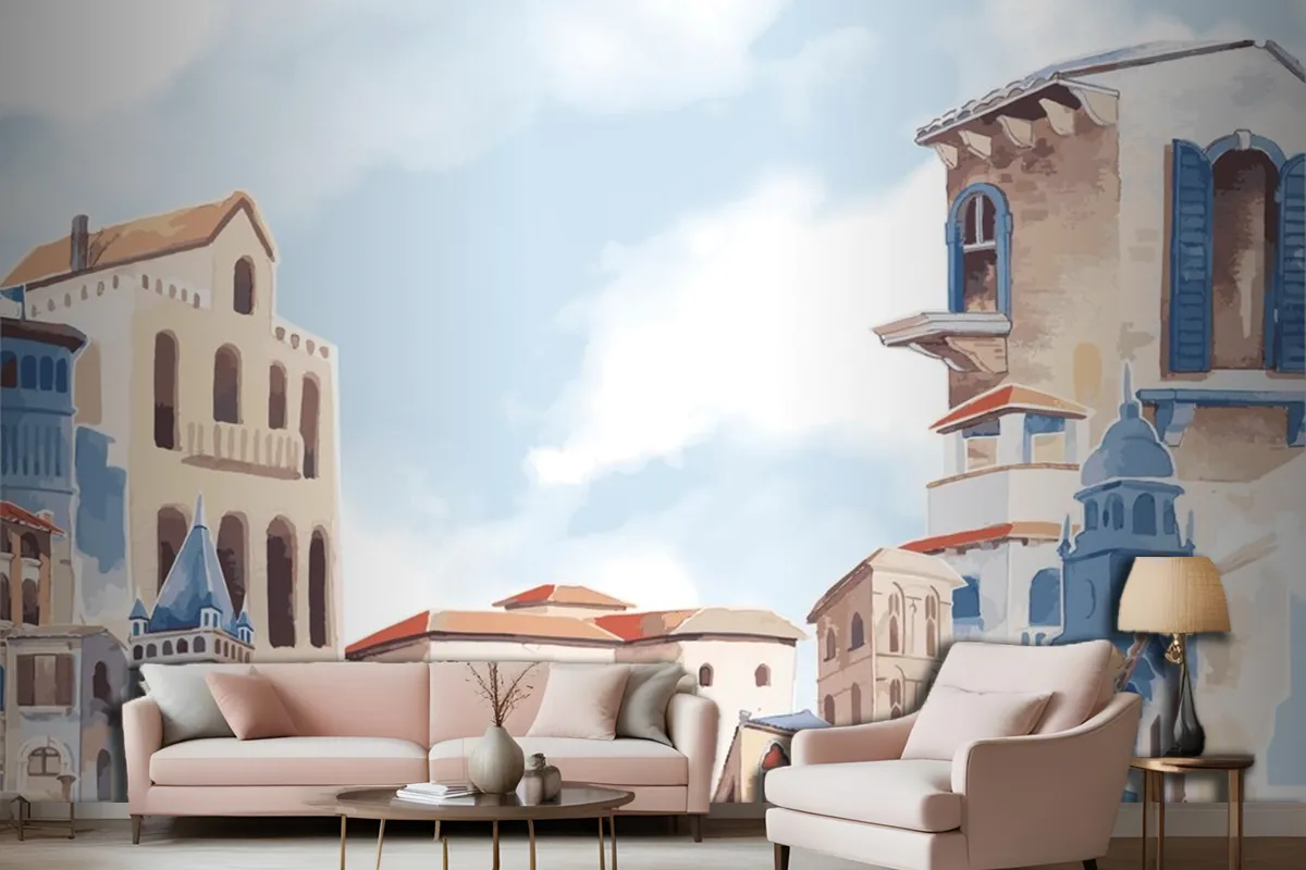 Mediterranean City Building Exterior Water Color Style Wallpaper Mural