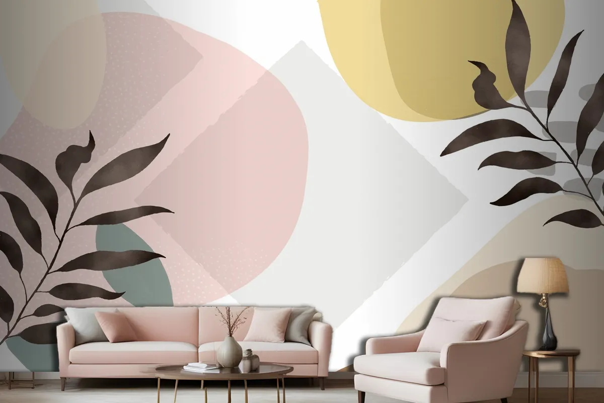 Minimal Hand Drawn Background With Plants Living Room Wallpaper Mural