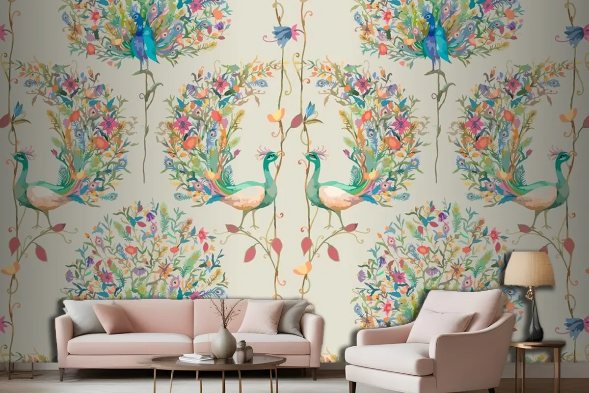 Pattern Background With Watercolor Peacock And Flower Living Room Wallpaper Mural