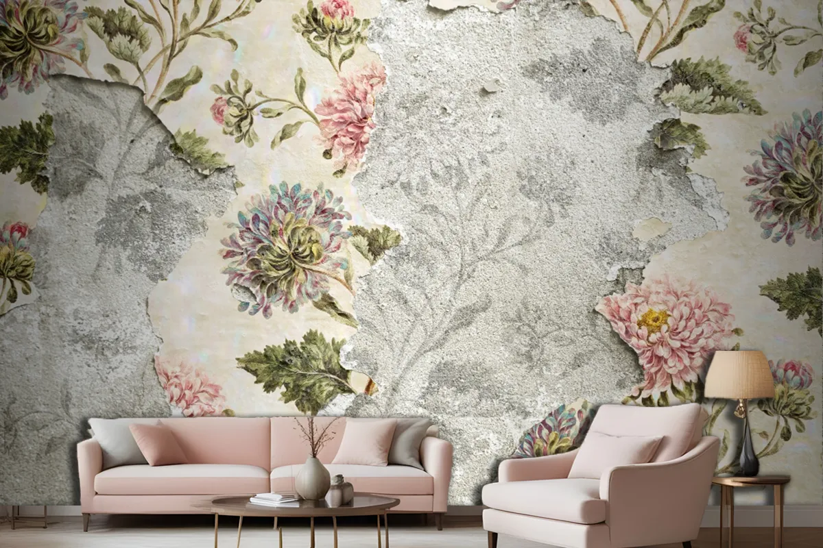 Peeling Floral Wallpaper On Concrete Wallpaper Mural