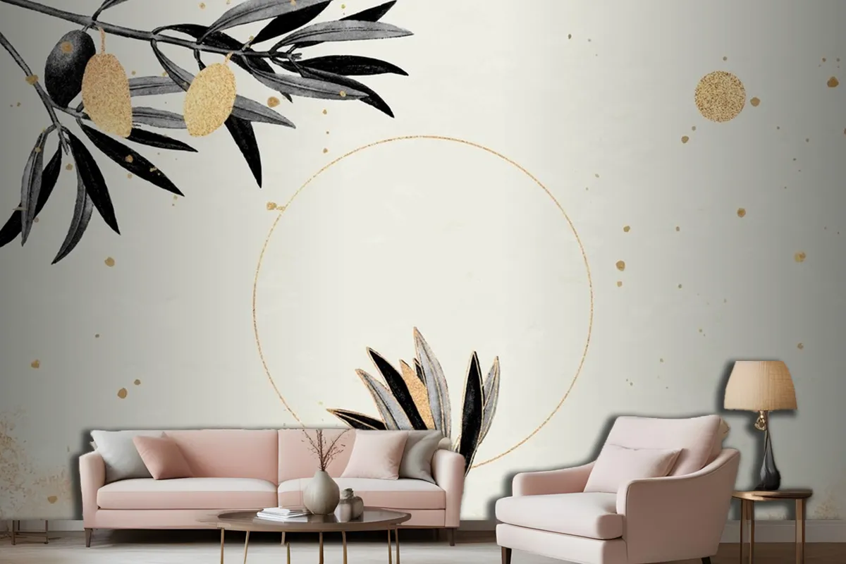 Round Gold Frame With Olive Branches Living Room Wallpaper Mural