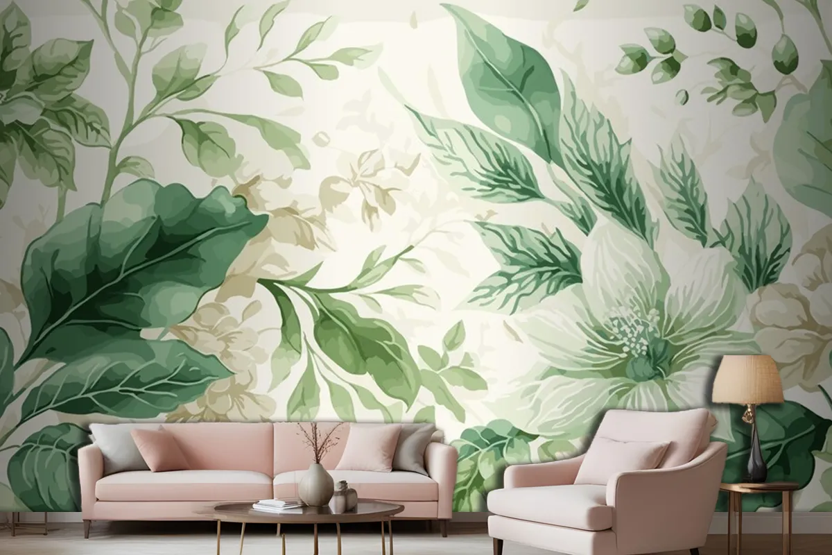 Seamless Watercolor Green And Beige Floral Pattern Living Room Wallpaper Mural