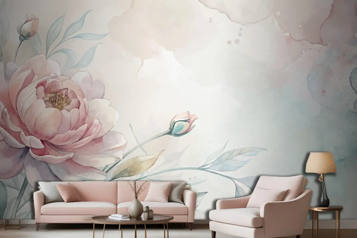 Soft Pastel Floral Watercolor Living Room Wallpaper Mural