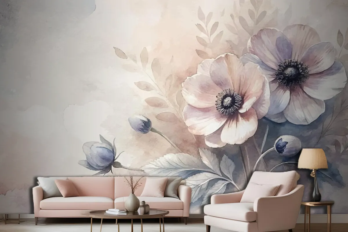 Vintage Anemones Flower Watercolor Background Living Room Wallpaper Mural