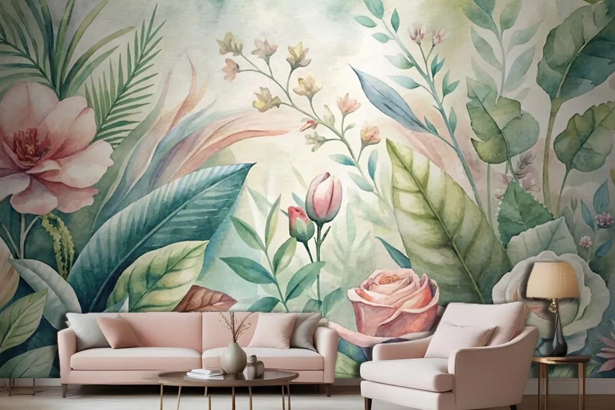 Watercolor Backgrounds Of Various Botanicals And Flowers Living Room Wallpaper Mural