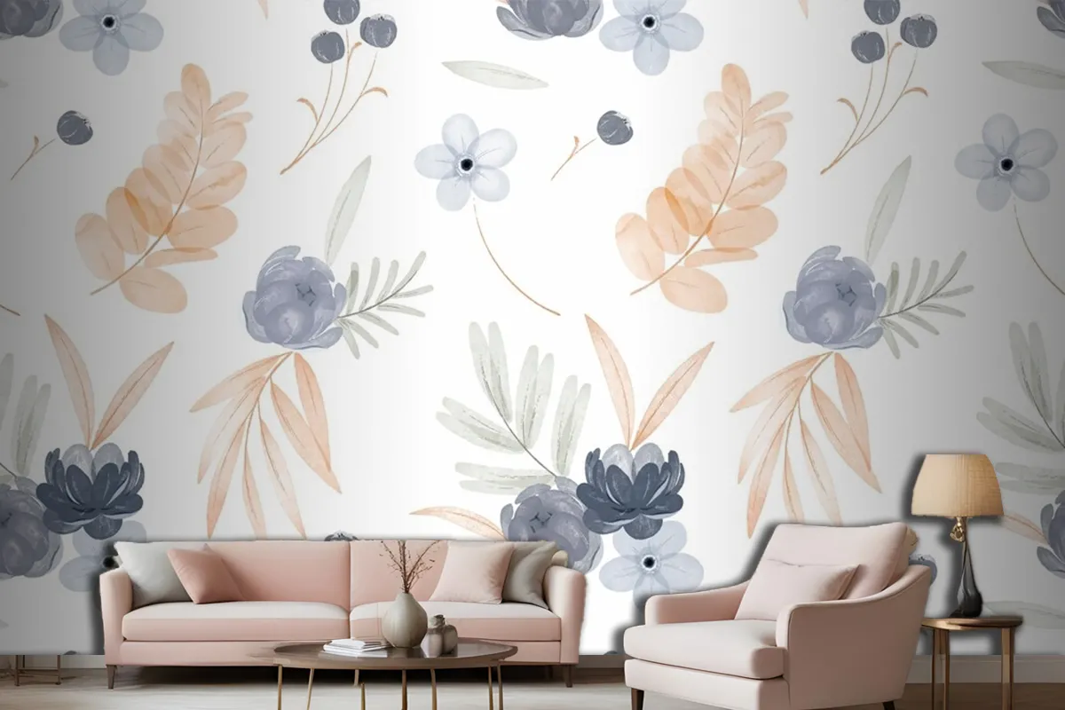 Watercolor Floral Pattern Living Room Wallpaper Mural