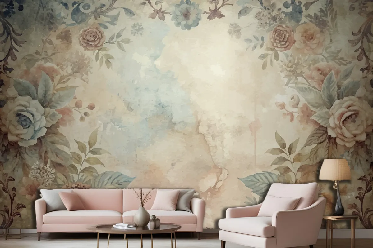 Watercolor Frame Background Of Flowers Wallpaper Mural