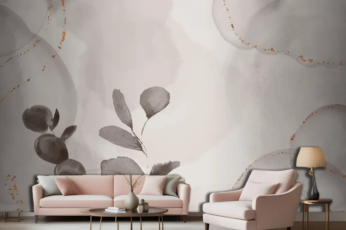 Watercolor Hand Drawn Background With Leaves Living Room Wallpaper Mural