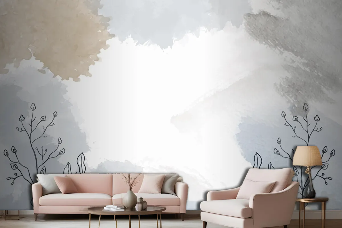 Watercolor Hand Drawn Background With Plants Living Room Wallpaper Mural