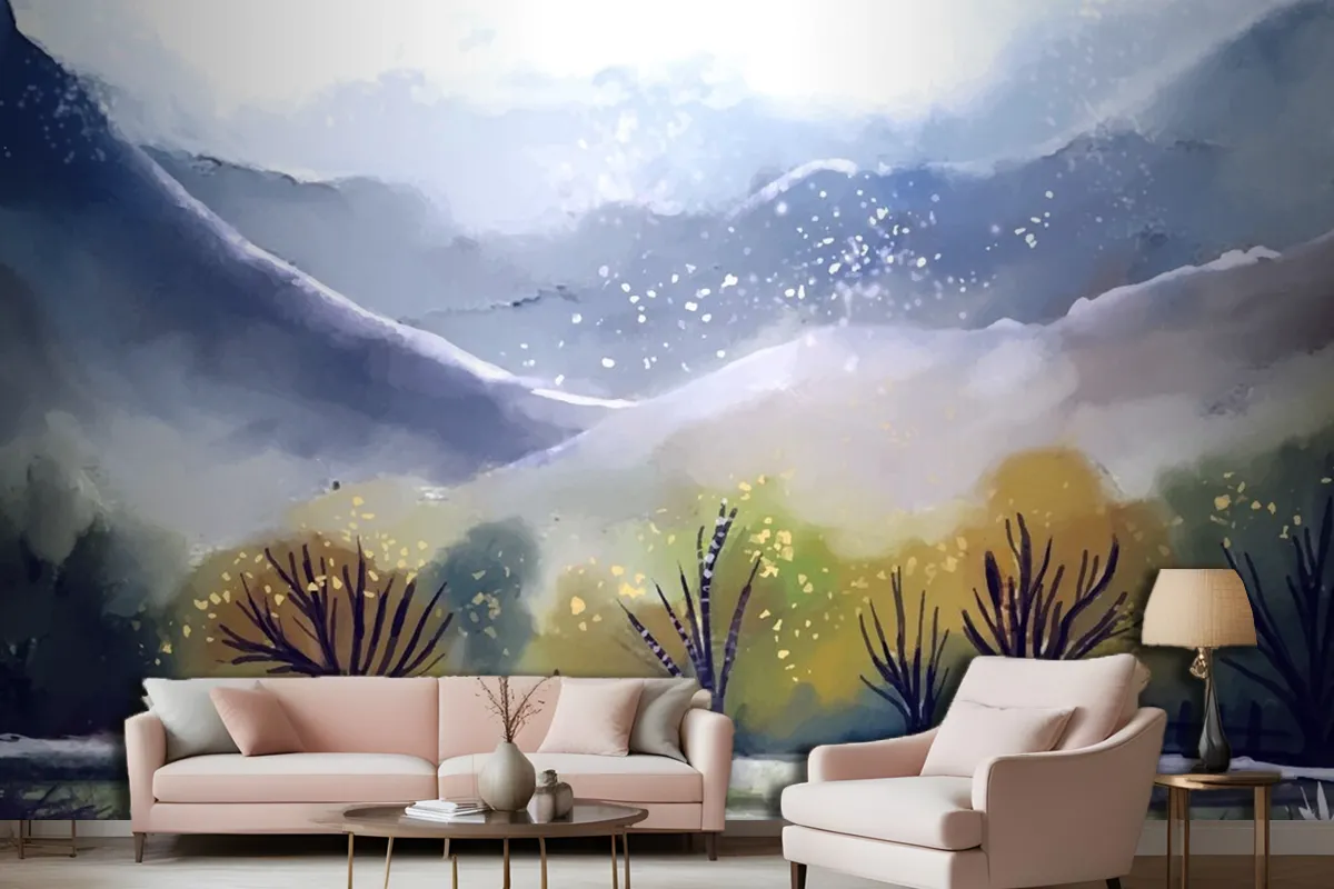 Watercolor Mountain Landscape Living Room Wallpaper Mural