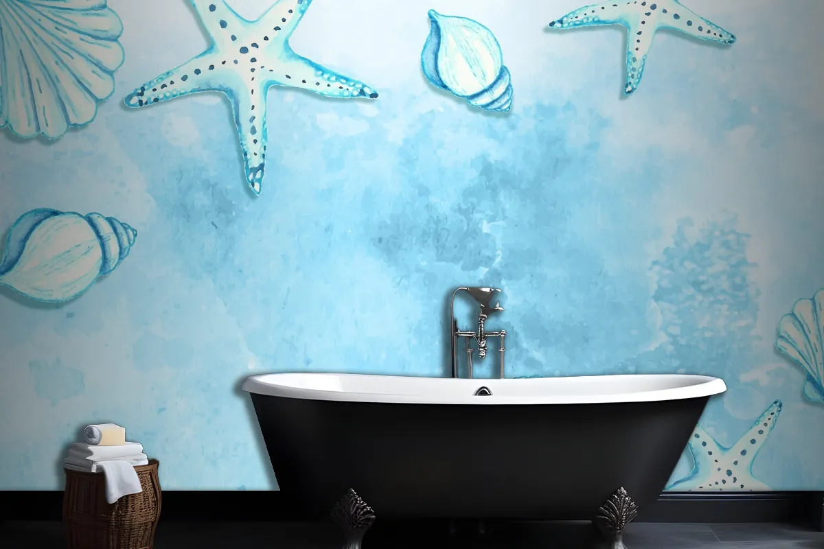 Watercolor Summer Background With Starfish And Shells Wallpaper Mural