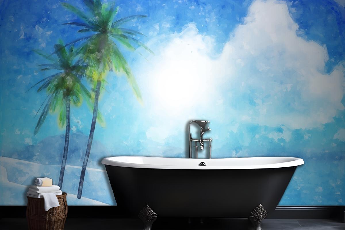 Watercolor Summer Tropical Bathroom Wallpaper Mural