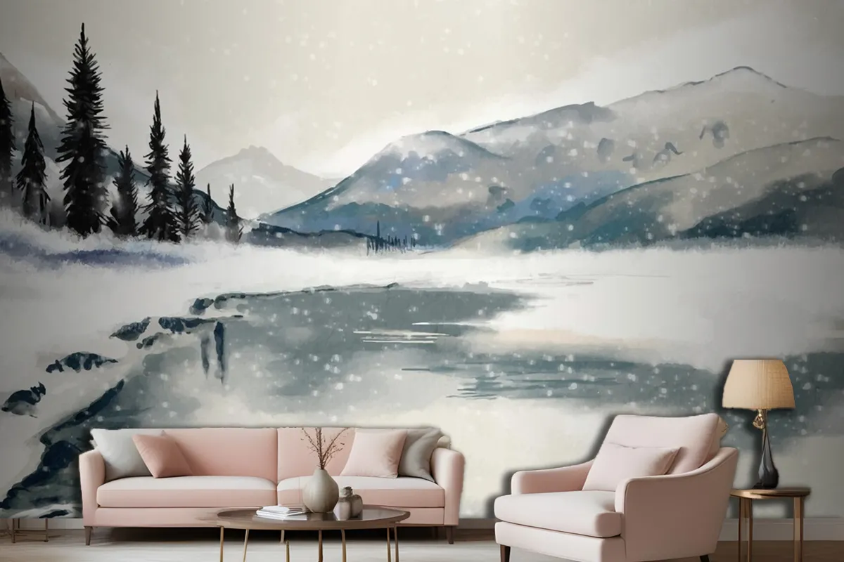 Watercolor Winter Landscape Living Room Wallpaper Mural