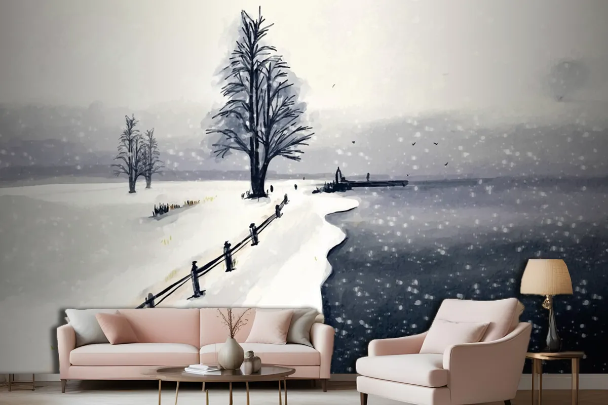 Watercolor Winter Landscape Wallpaper Mural