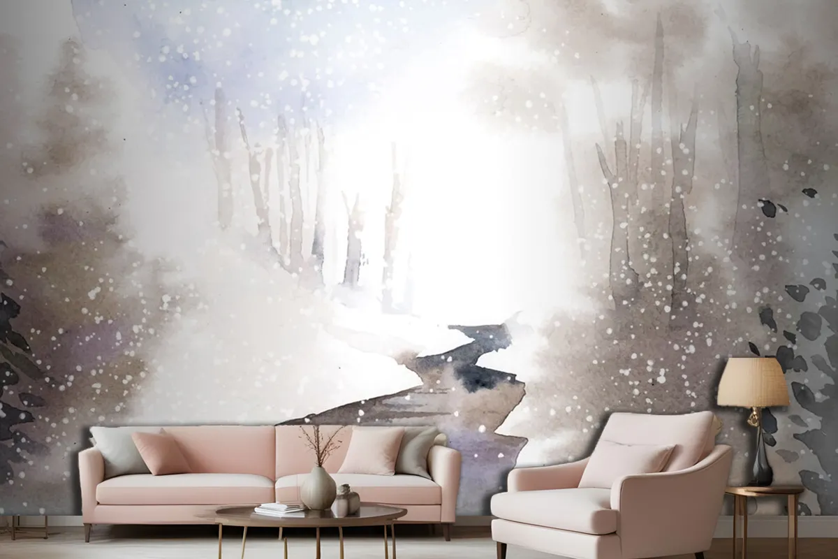 Winter Wonderland Landscape Painted By Watercolor Living Room Wallpaper Mural