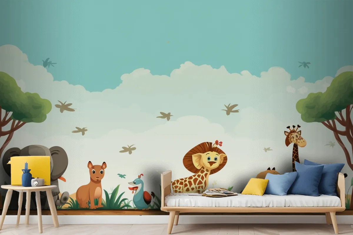 A Cartoon Of Giraffes And Giraffes In A Field With Animals Wallpaper Mural